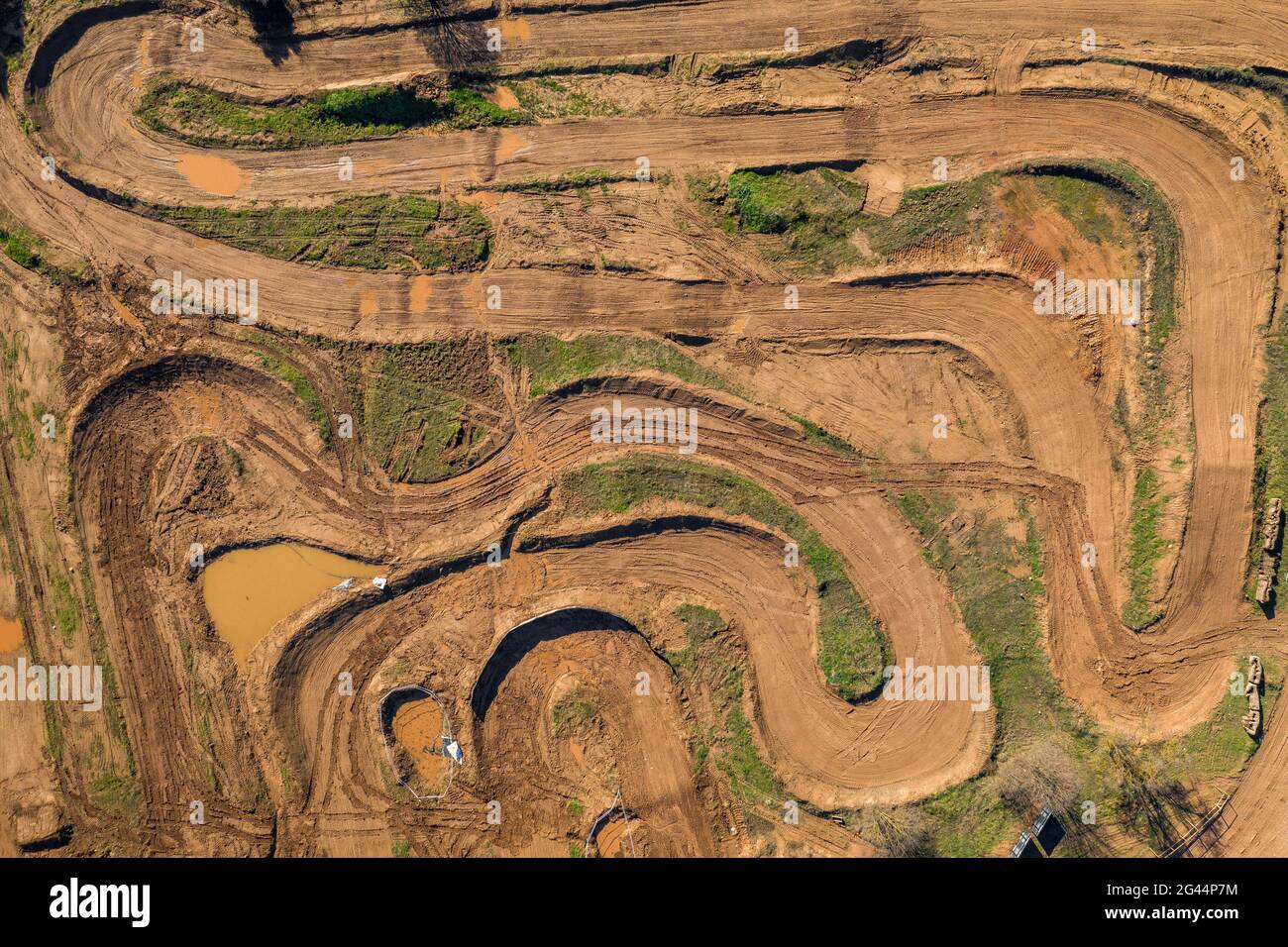 Overhead aerial view of the Cal Teuler motocross circuit, with the curves  of the tracks (Bages, Barcelona, Catalonia, Spain Stock Photo - Alamy