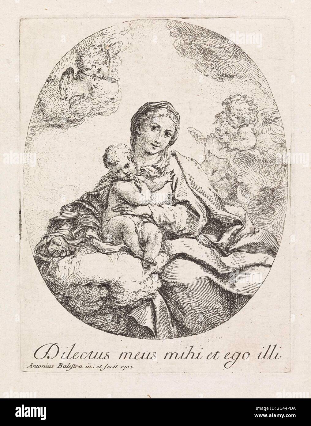 Maria with child; Dilectus Meus Mihi et ego Illi. Maria and the Christ child floating on a cloud surrounded by angels. Title in undermarge. Stock Photo