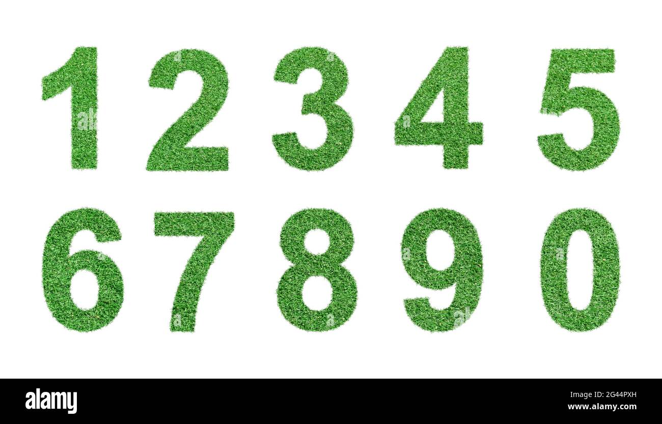 Grass numbers 0 - 9, Isolated on white background. Eco green environment symbol Stock Photo