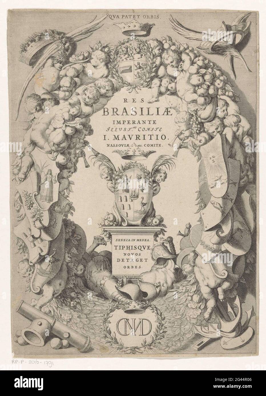Arm of Brazil in frame with weapon and monogram of Johan Maurits Count of Nassau-Siegen; Res Brasiliae Imperante Illust .Mo Committee I. Mauritio. Nassoviae etc. Committee; Title page for: Caspar Barlaeus, Rerum per octennium in Brasilia et alibi nucler starum subraefectura J. Mauritii, Nassoviae, 1647 .. The arms of Brazil with a frame of fruit and vegetables, coats of arms and putti. At the top the coat of arms of Johan Maurits, Count of Nassau-Siegen, at the bottom are monogram. Stock Photo