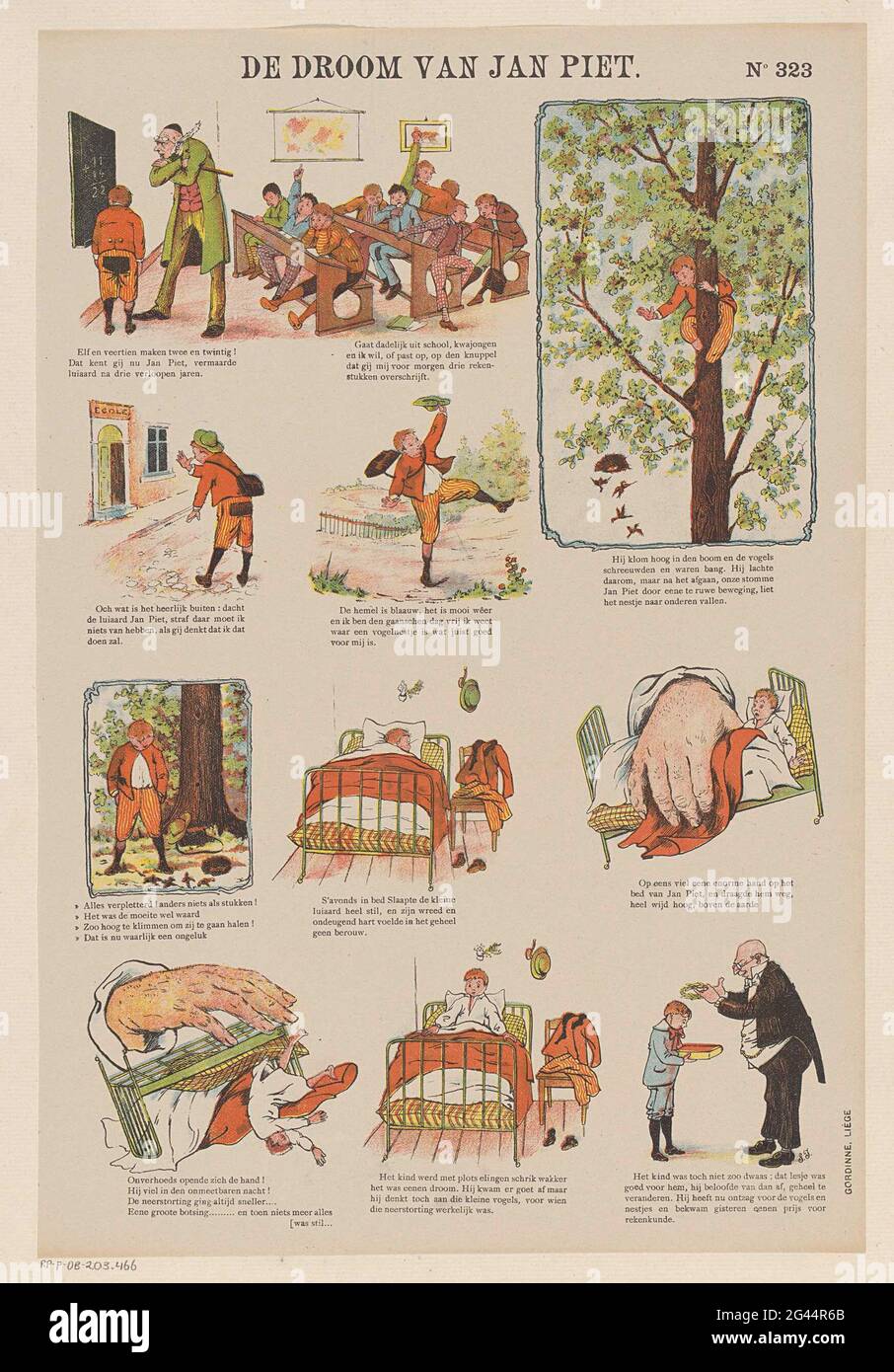 Jan Piet's dream. Leaf with 10 performances about the Kwajongen Jan Piet  who teaches his lesson and from now on good passes through life. Under  every image a caption. Numbered at the, image size:906x1390