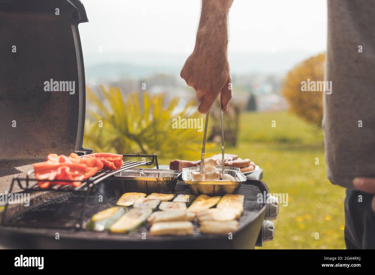 Vegetarian BBQ on weekend. Grill cheese and vegetables on gas grill