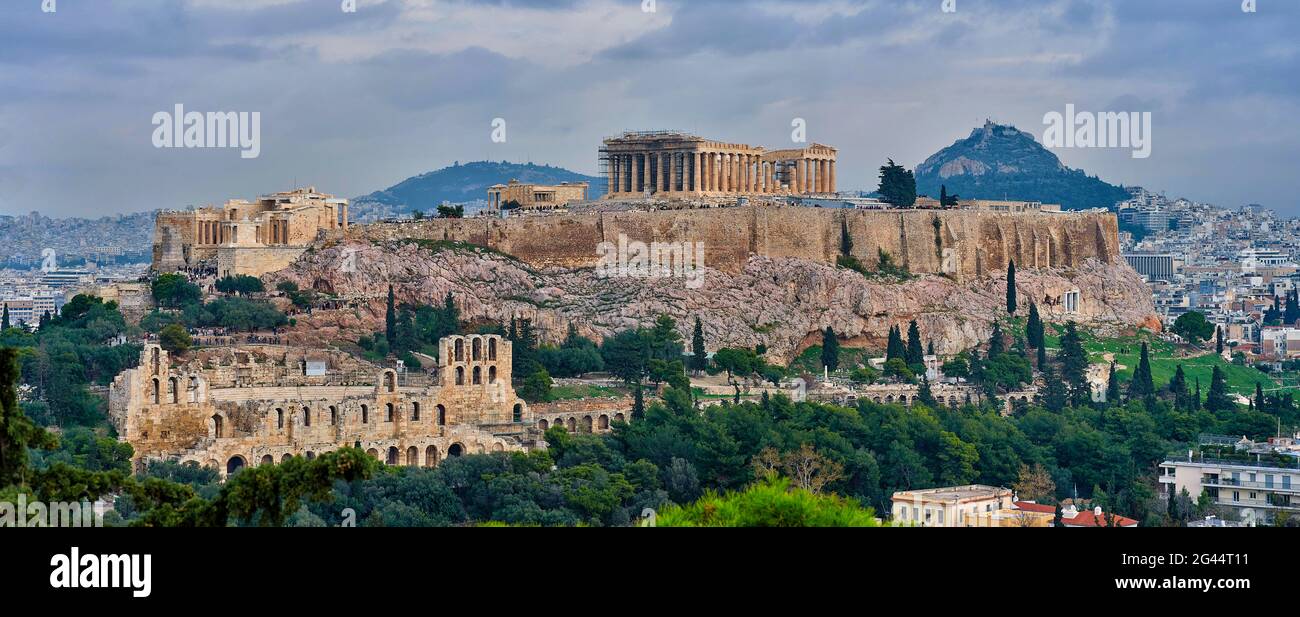 Ancient Greek ruins of Acropolis seen from Filopappous, Athens, Greece Stock Photo