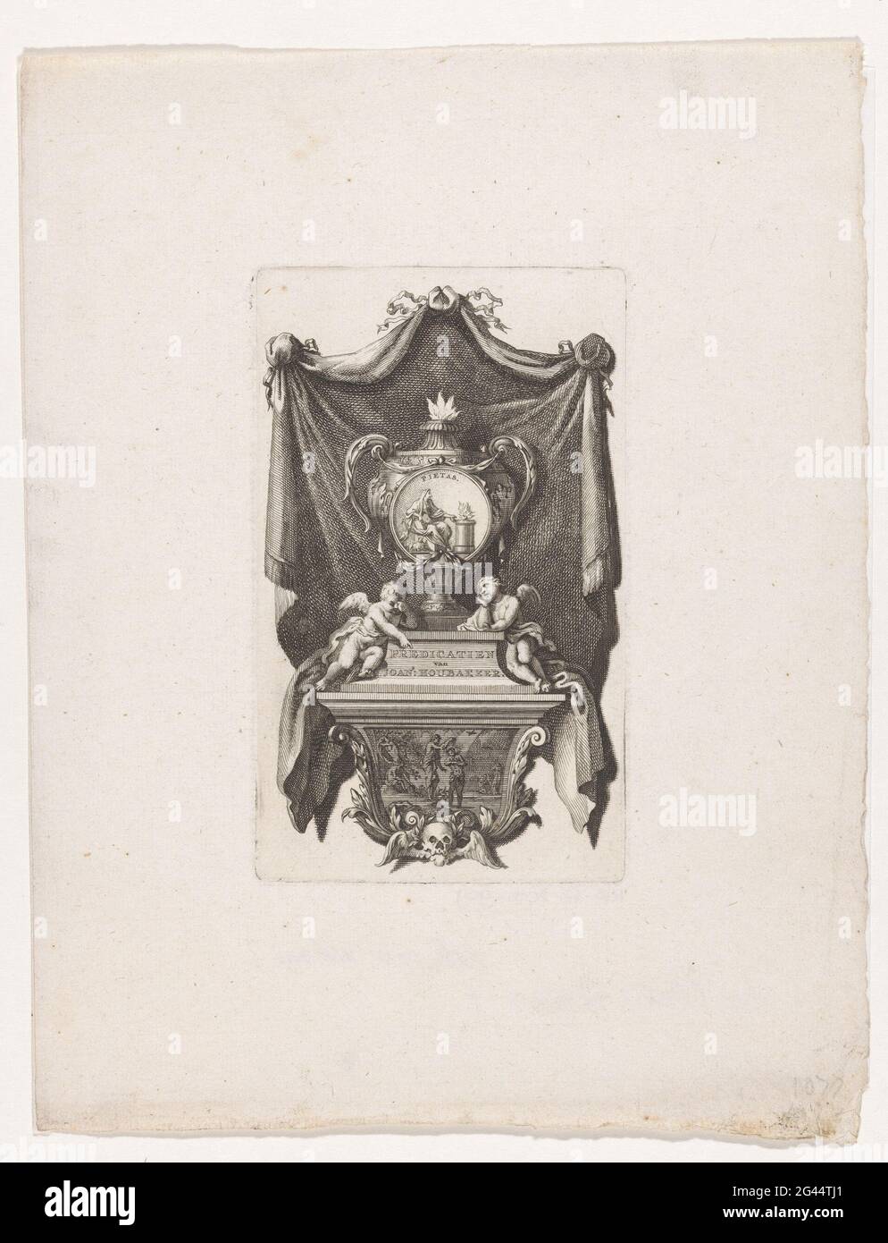 Vase on pedestal; Precatients by Joans: Houbakker; Title page for: Joannes Houbakker, predicate about shown Texten der H. Scripture, 1730. An ornamented vase with image of piety (Pietas) sitting next to a burning altar. The vase is on a pedestal on which two putti are. On the underside an image of the baptism of Christ. A drapery behind the whole. Stock Photo