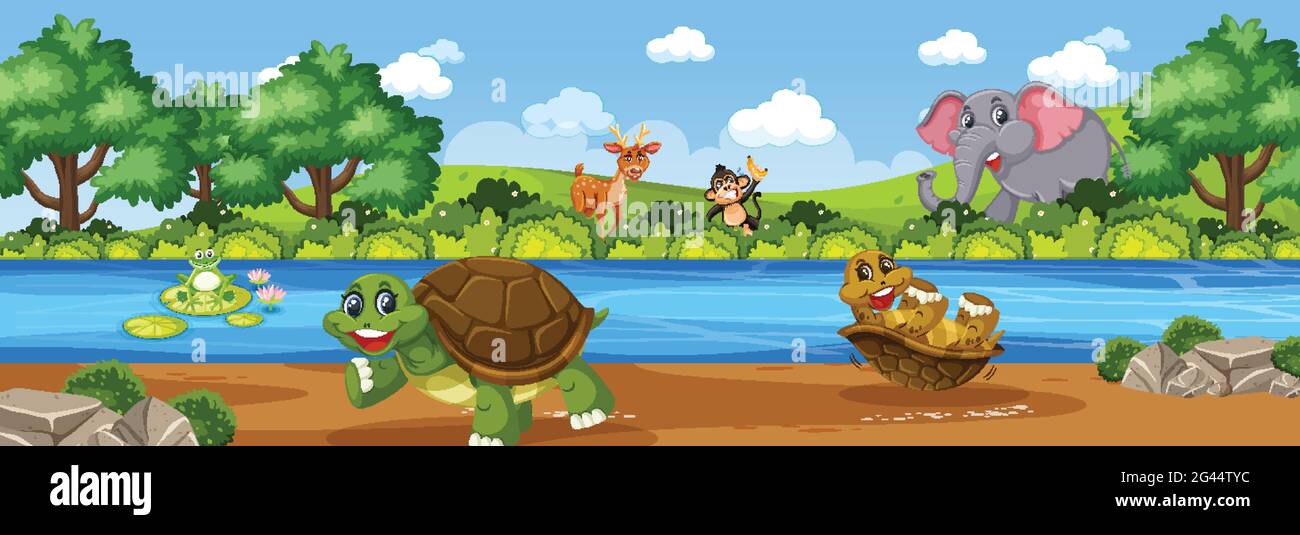 Panorama landscape scene with various wild animals in the farm ...