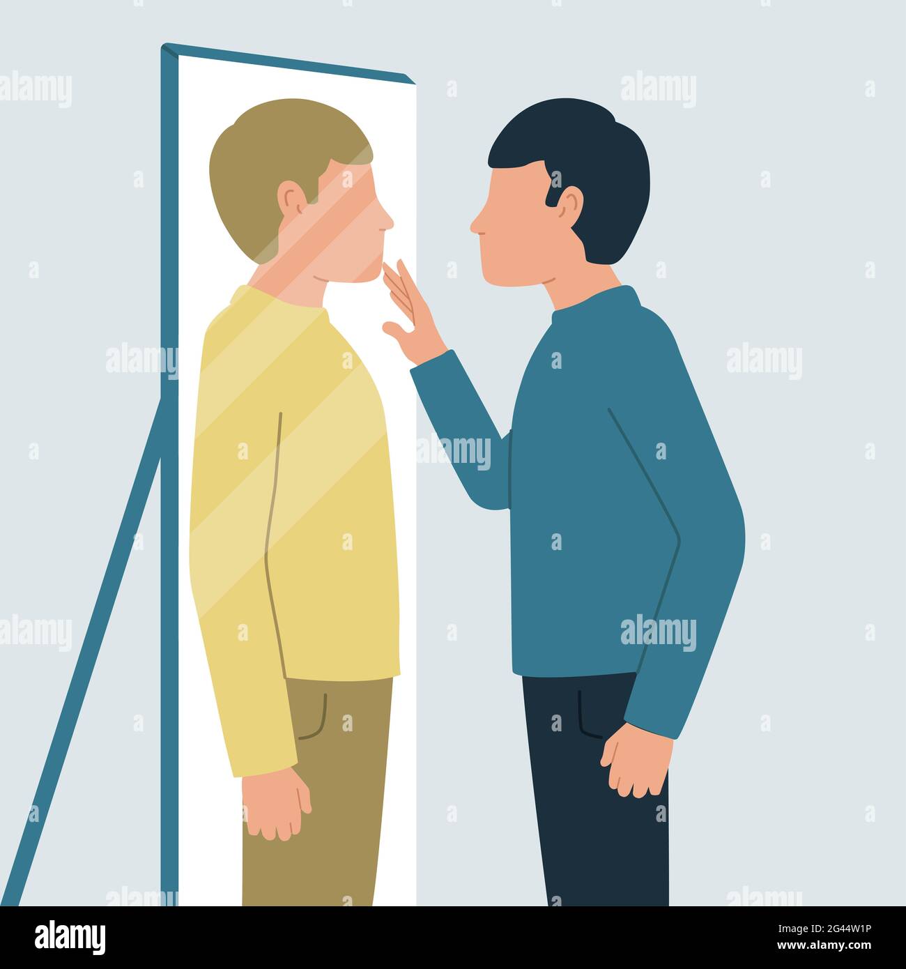 The man looks in the mirror and see the reflection of a stranger. Dissociative identity disorder Stock Photo