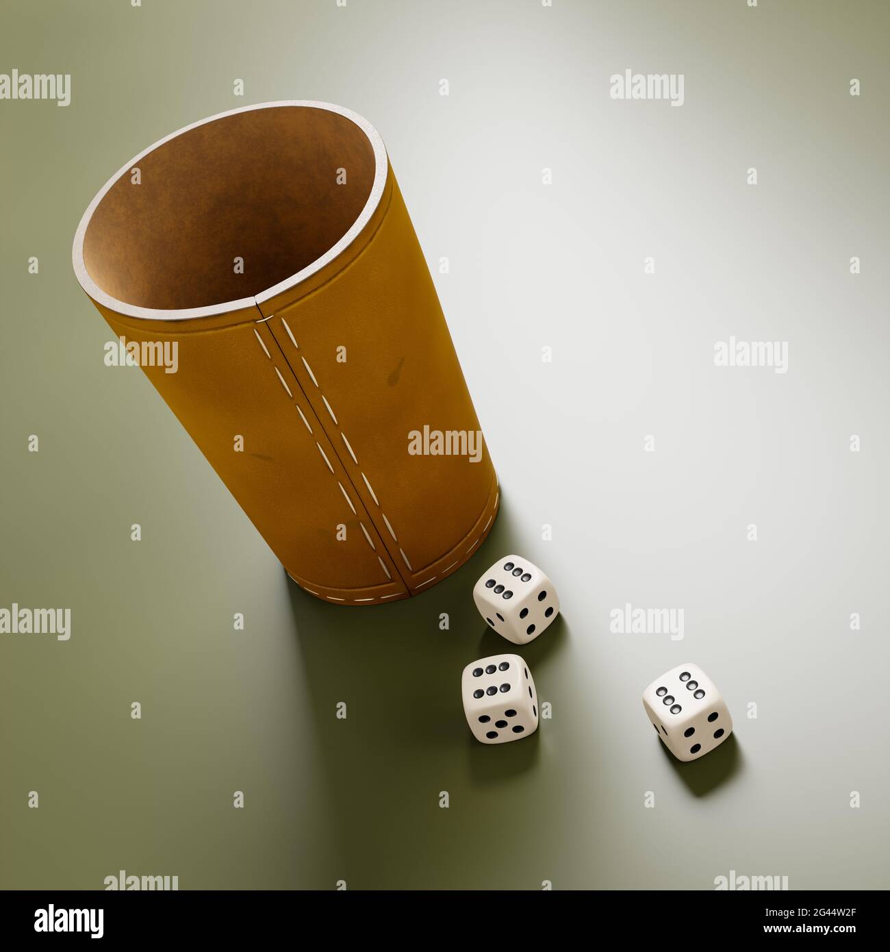 Leather cup and three dice showing six Stock Photo