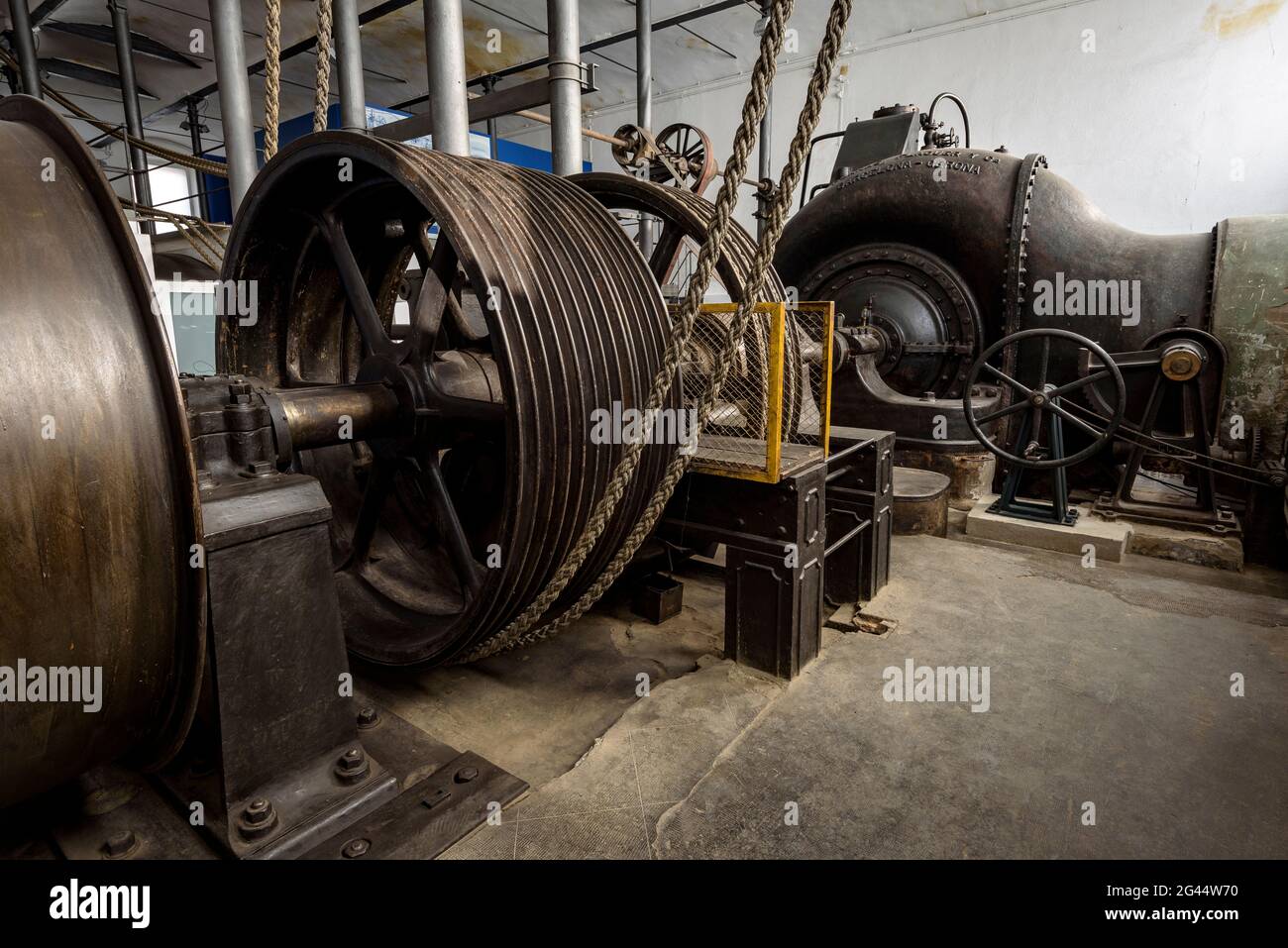 Sedó industrial town. Turbine room with the hydraulic power transmission system (Esparreguera, Barcelona, Catalonia, Spain) Stock Photo