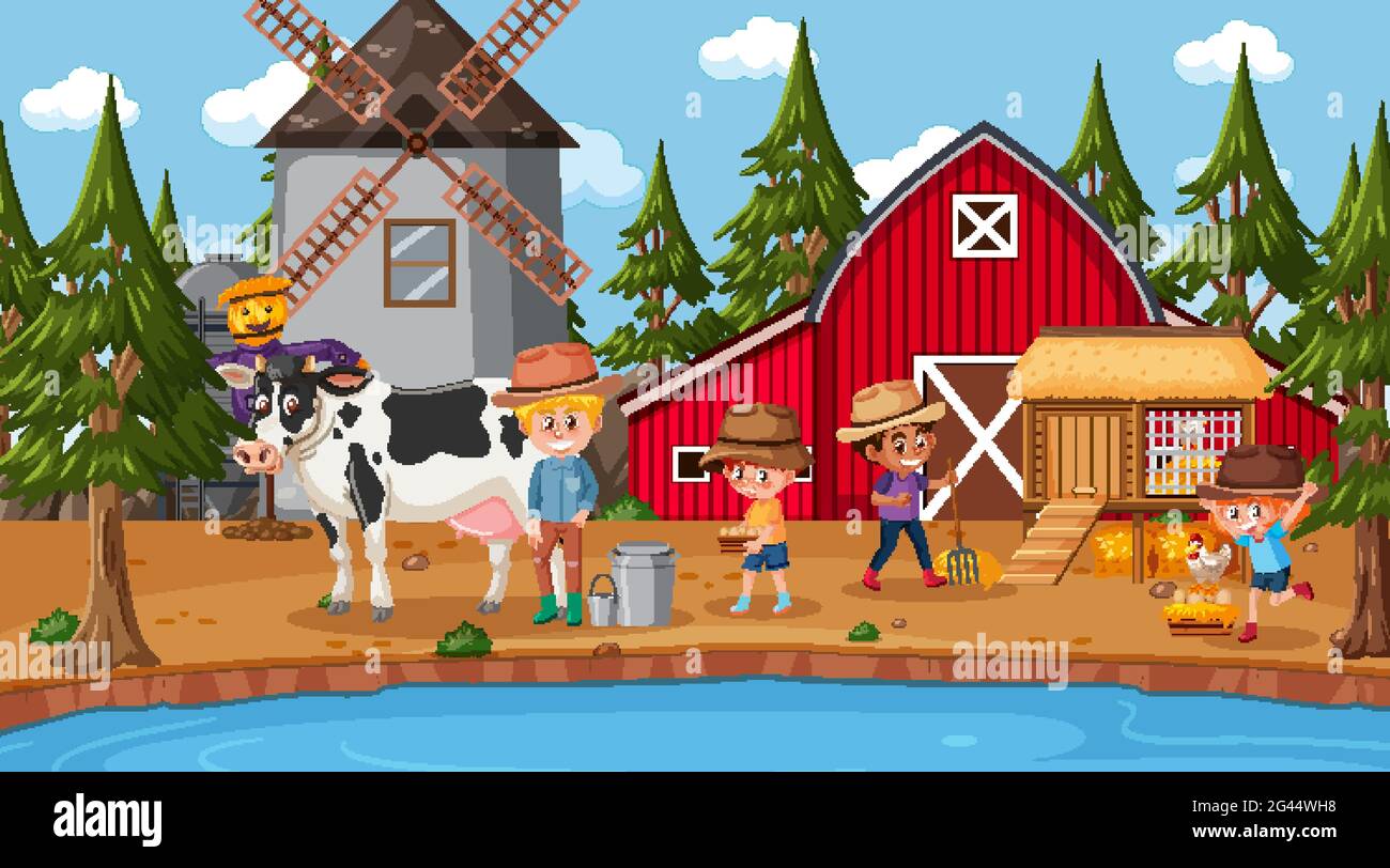 Farm scene with many kids cartoon character and farm animals ...