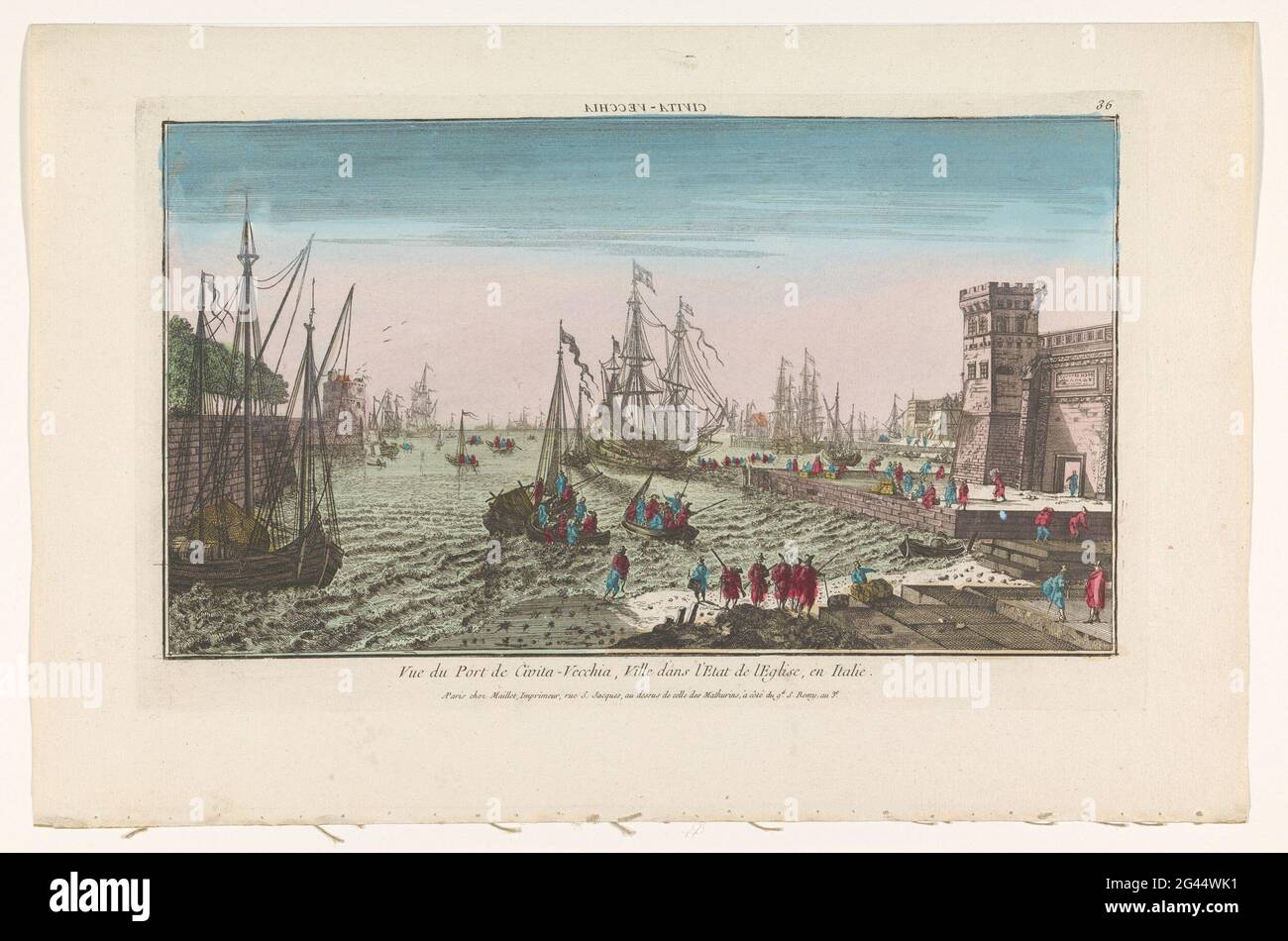 View of the harbor in Civitavecchia; Civita vecchia. There are ships and boats on the water. On the right is a strengthened structure and groups of figures with goods on the waterfront. Numbered: 36. Stock Photo