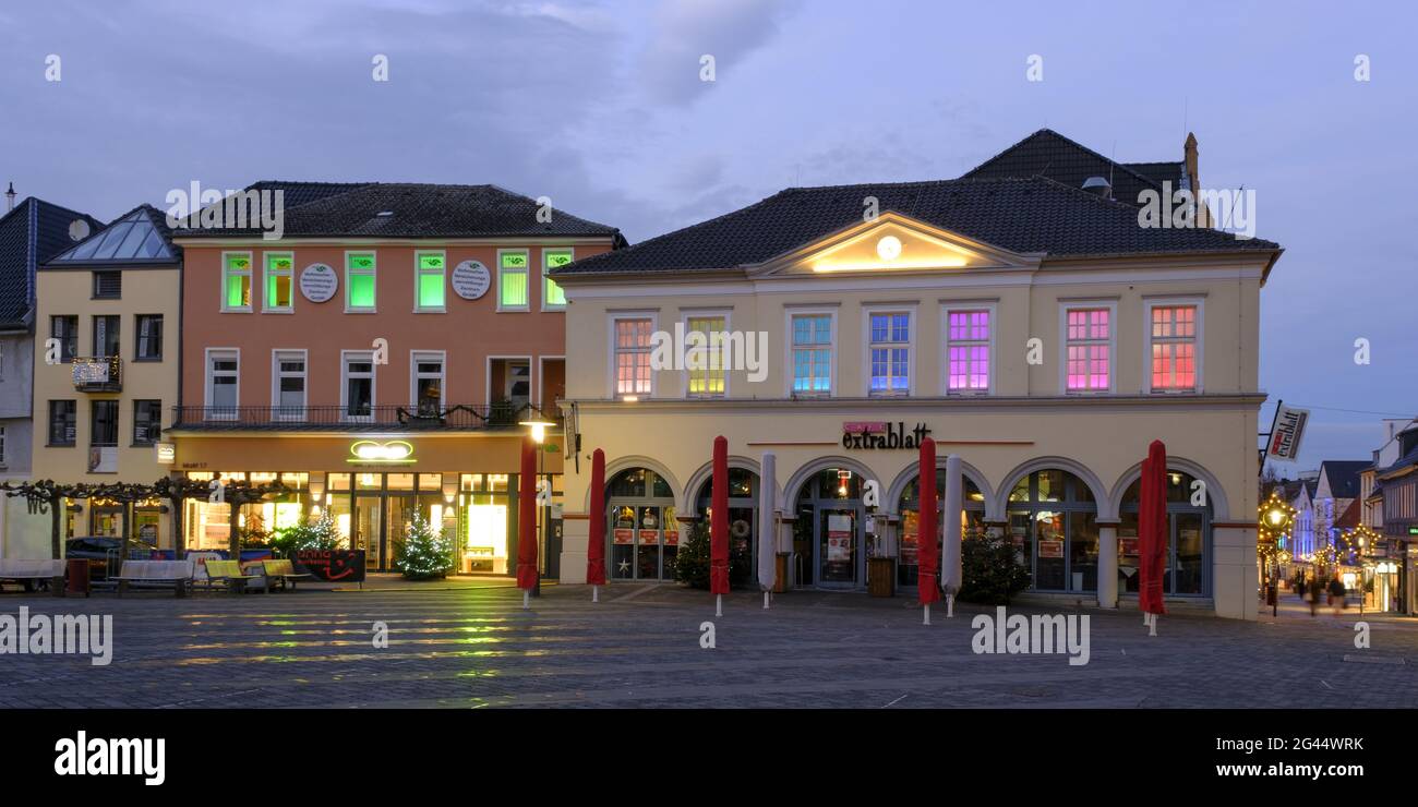Lighted houses at the market, Unna, North RhineWestphalia, Germany