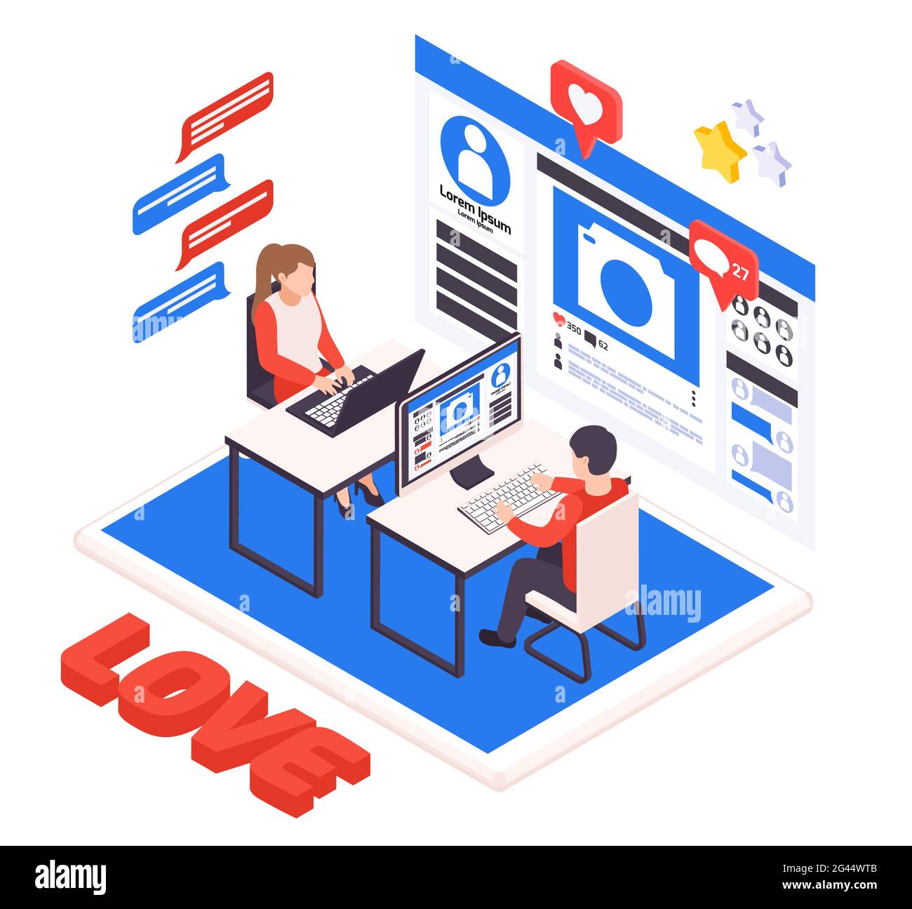 Virtual relationship isometric composition with young couple dating online with laptop desktop love heart symbols vector illustration Stock Vector