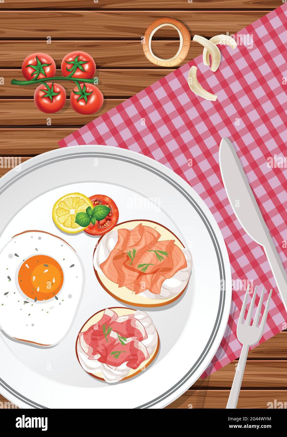 Top view of breakfast set in a dish on the table illustration Stock ...