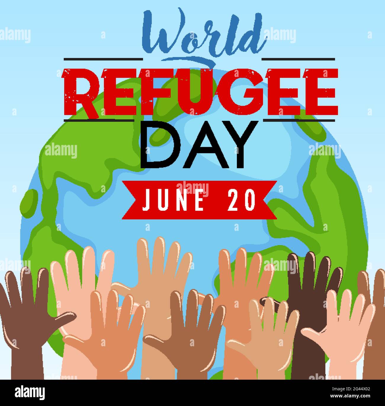 World Refugee Day banner with many hands up on globe illustration Stock