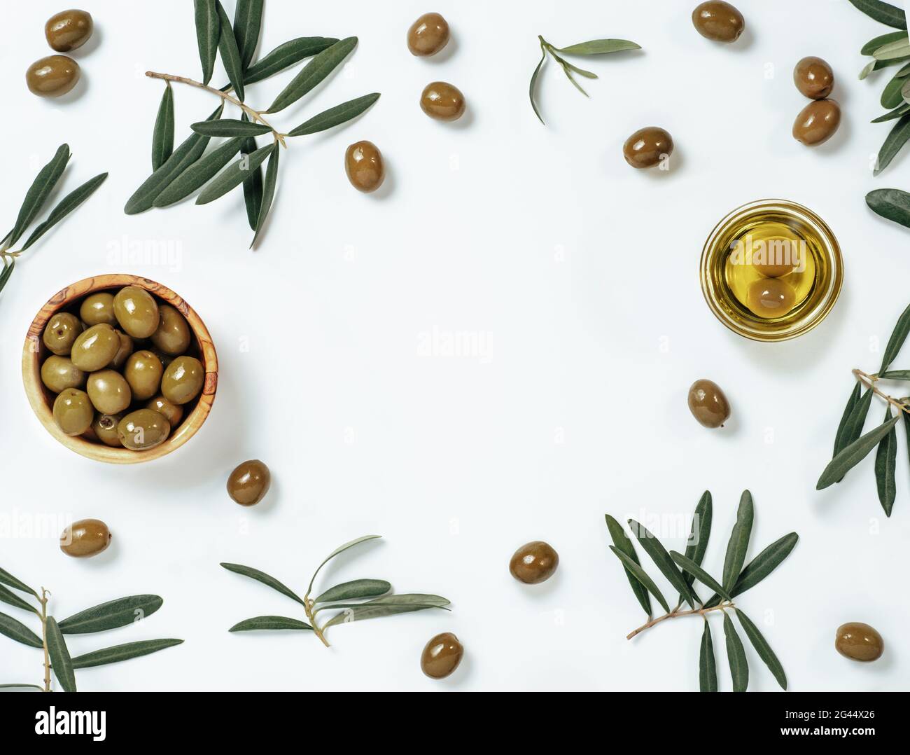 Set of olives and olive oil on white background Stock Photo - Alamy