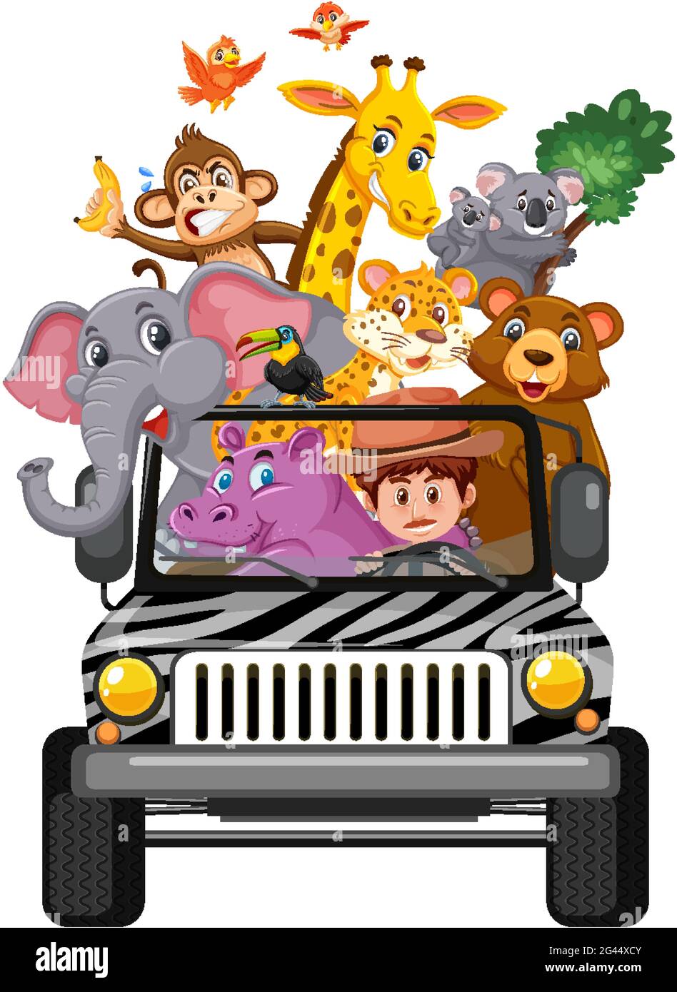 Zoo concept with wild animals in the car isolated on white background