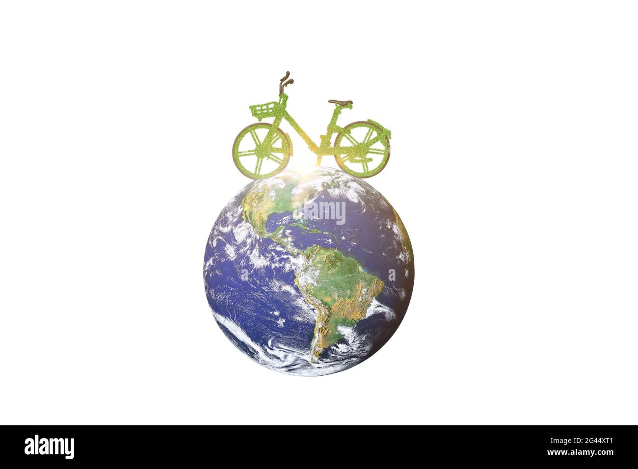 Green ecological bicycle on globe isolated on white background. Environmentally friendly concept. image furnished by NASA Stock Photo