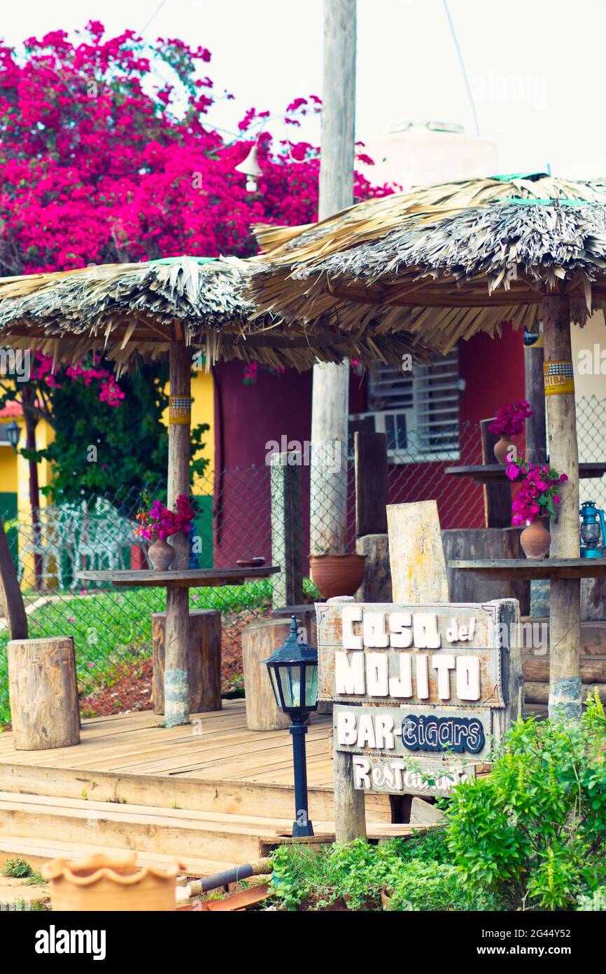 Terrace and wooden sign board of Casa del Mojito Bar in Viñales, Cuba Stock Photo
