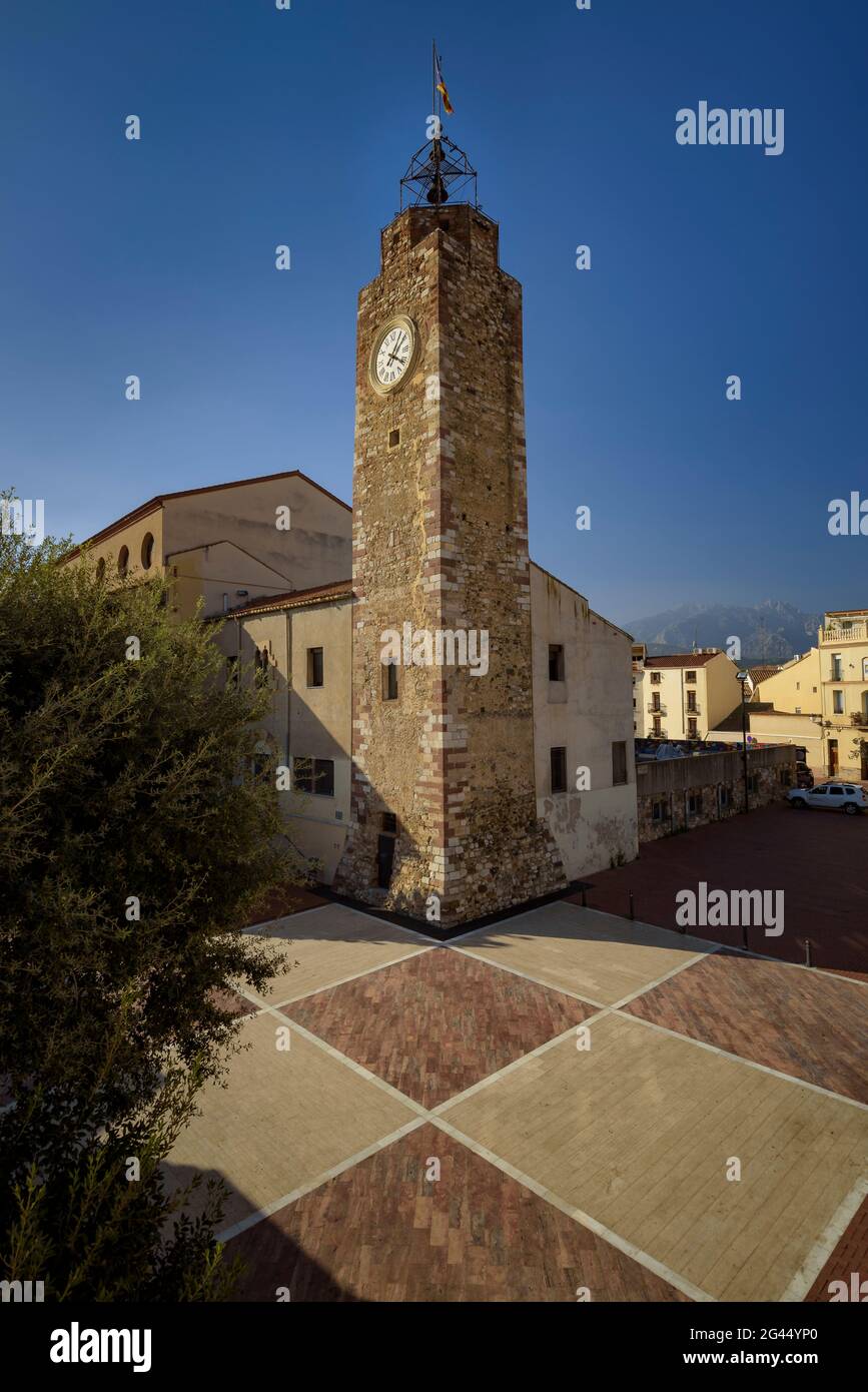 The Clock Tower in Olesa de Montserrat (Baix Llobregat, Barcelona, Catalonia, Spain) ESP: La Torre del Reloj en Olesa de Montserrat (Cataluña, España) Stock Photo