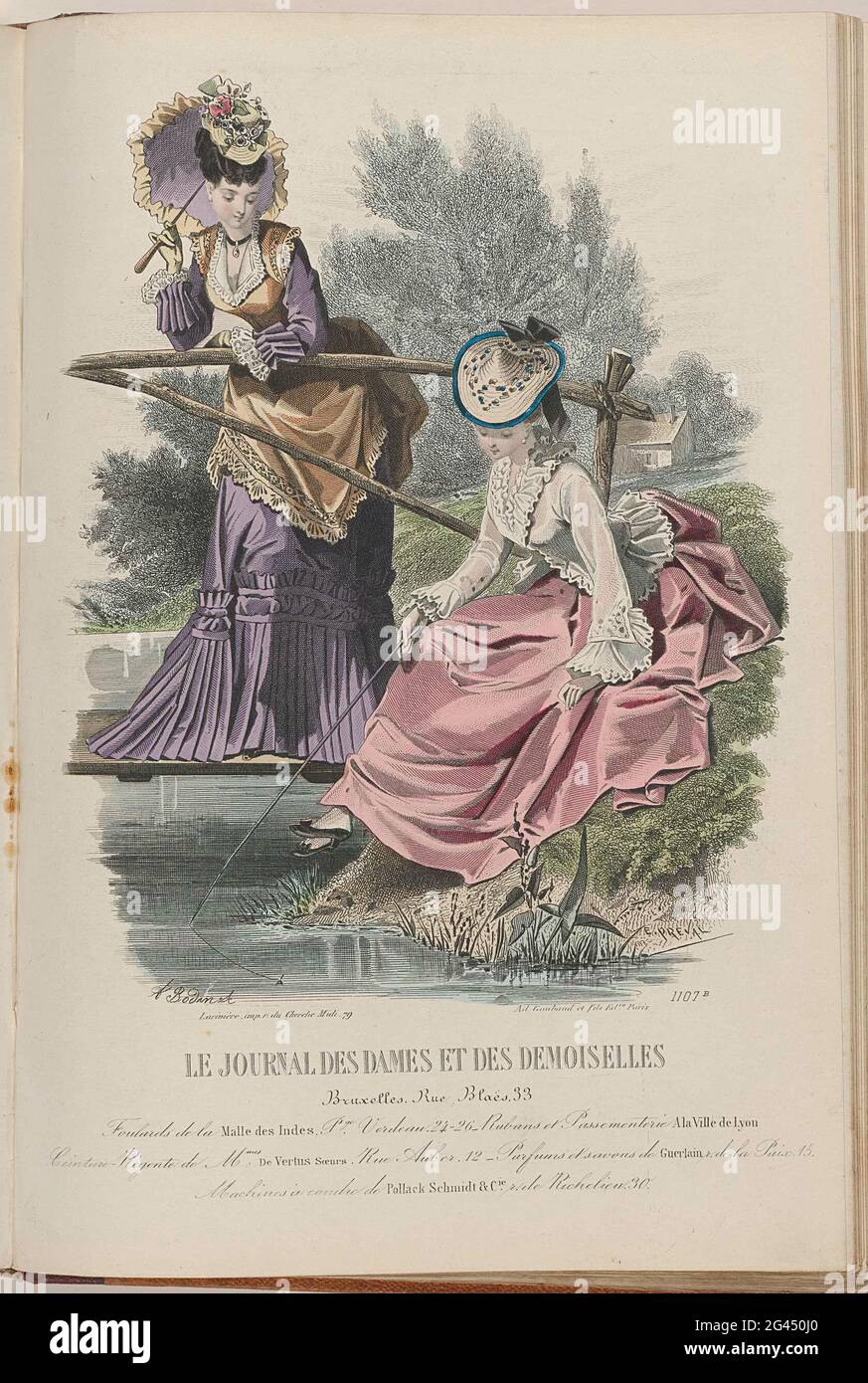 Journal des Ladies et des Demoiselles, 15 Novembre 1872, No. 1107b. A young  lady with rod on the ditch side, dressed in a role of pink linen with a  'pouf' on the