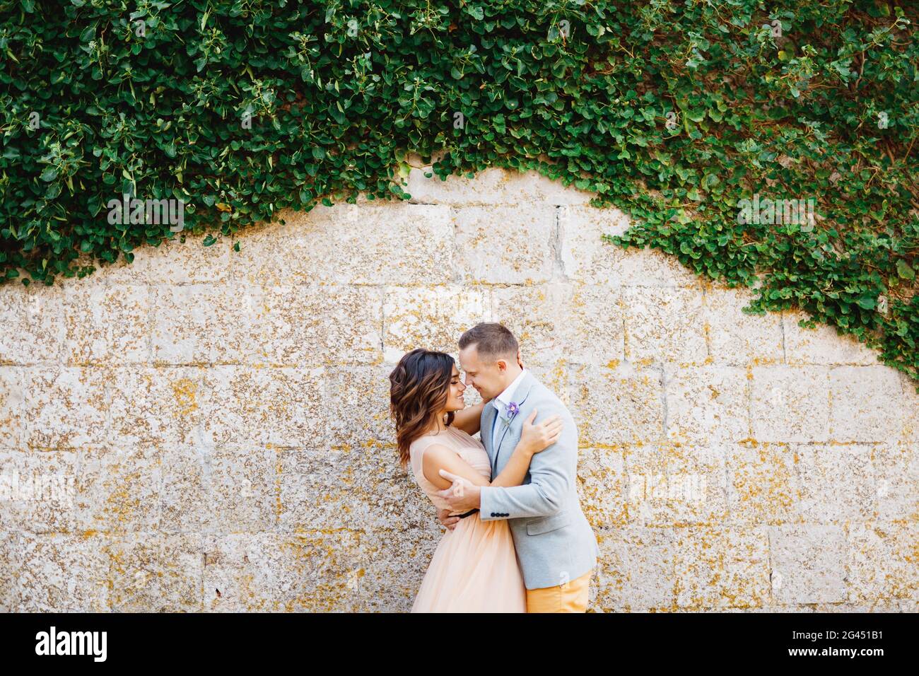 Groom kisses bride tenderly embracing her against the background of a stone wall entwined with green ivy Stock Photo