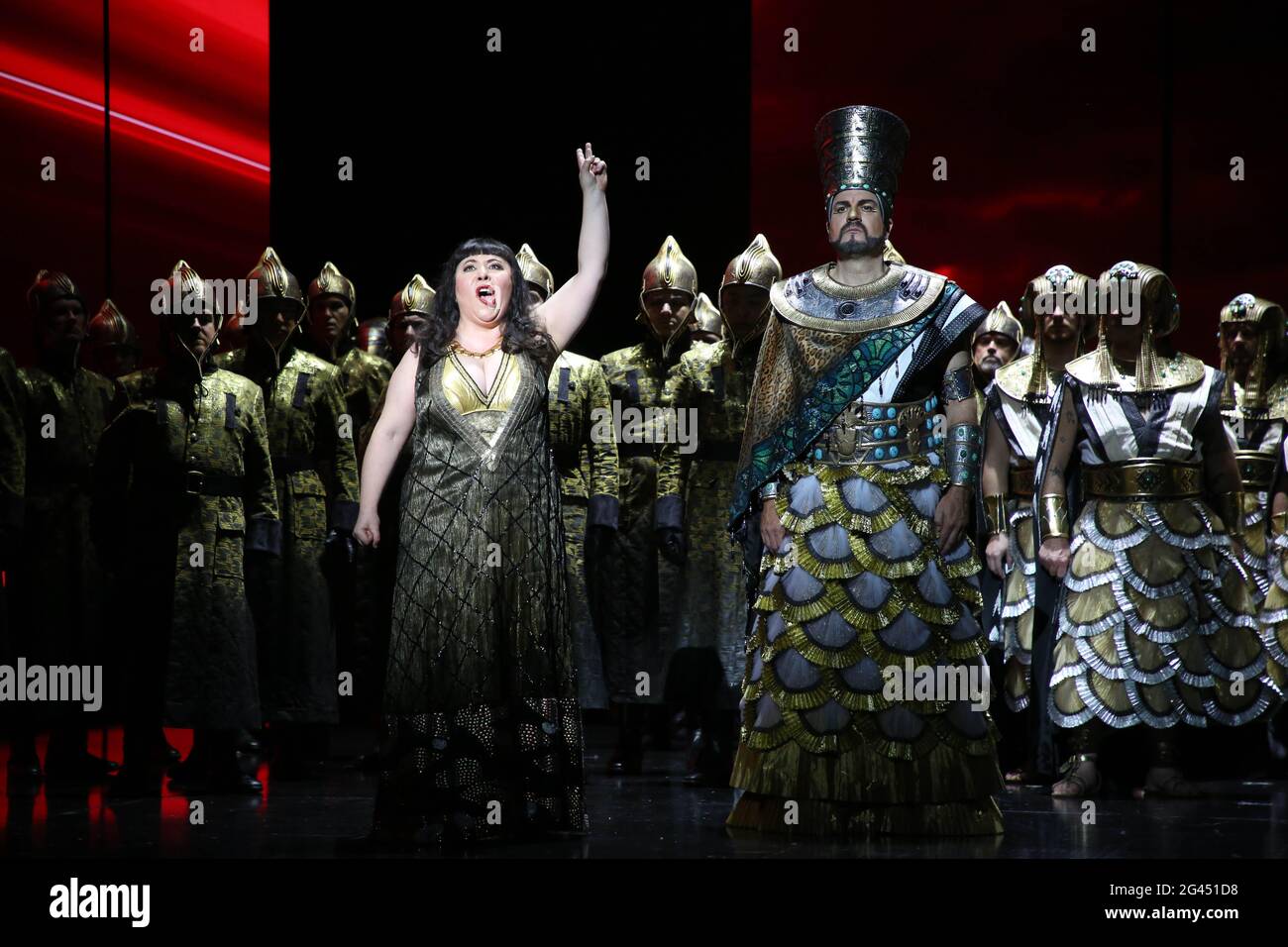 Sydney, Australia. 19th June 2021. Final dress rehearsal of Opera Australia’s spectacular digital production of Verdi’s Aida, ahead of its opening on Tuesday 22 June and running until 13 August at the Joan Sutherland Theatre, Sydney Opera House. Pictured: Elena Gabouri, who plays the role of Amneris. Credit: Richard Milnes/Alamy Live News Stock Photo