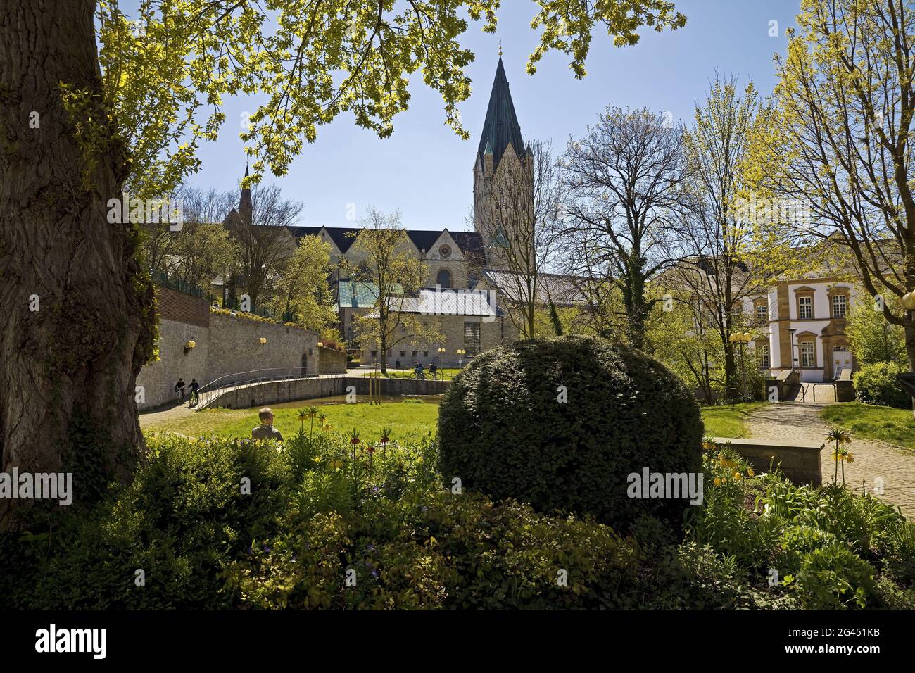 Green area with Pader spring and cathedral in spring, Paderborn, Germany, Europe Stock Photo
