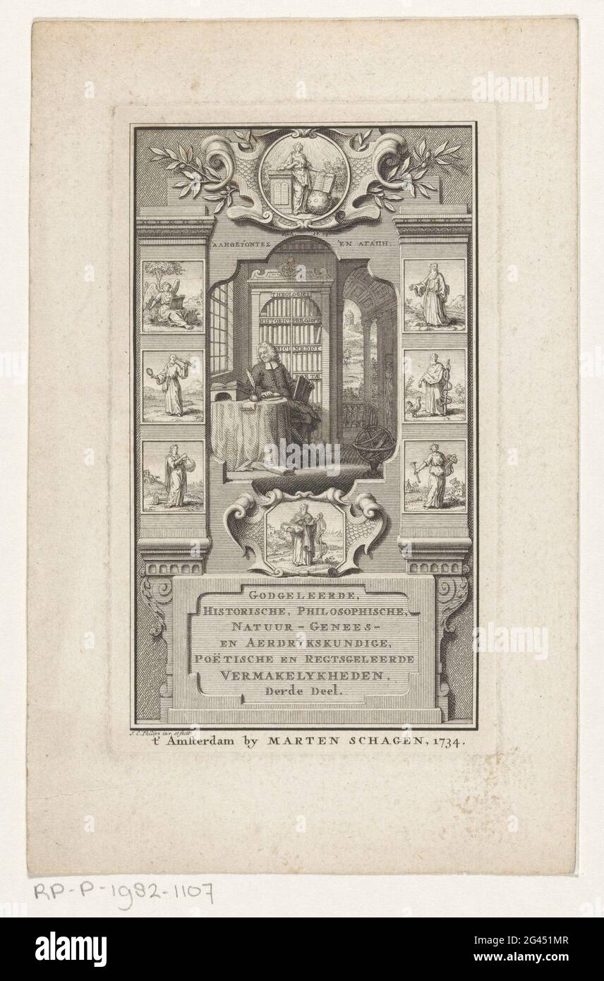 Scholar in library; Title page for: S.N., Dolved, Historical, Philosophic, Nature-Medicine and Aerdry, Poetic and Regseled Memorials, Third Part, 1734. A writer or scholar is in a library at a table on which books are. All around eight medallions with personnifications of theology, history, philosophy, physics, medicine, geography, poetry and journal. Below the book title. Stock Photo