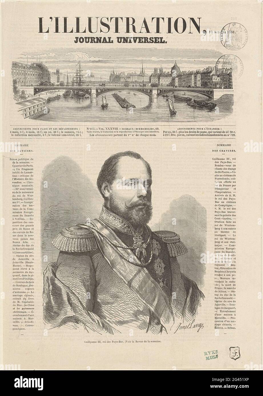 Newspaper with an article about Willem III, King of the Netherlands; L'Illustration, Journal Universel. Newspaper with an article about Willem III. In the middle a portrait of Willem III. There around two columns with French text in letterpress. Middle above a cityscape. Stock Photo
