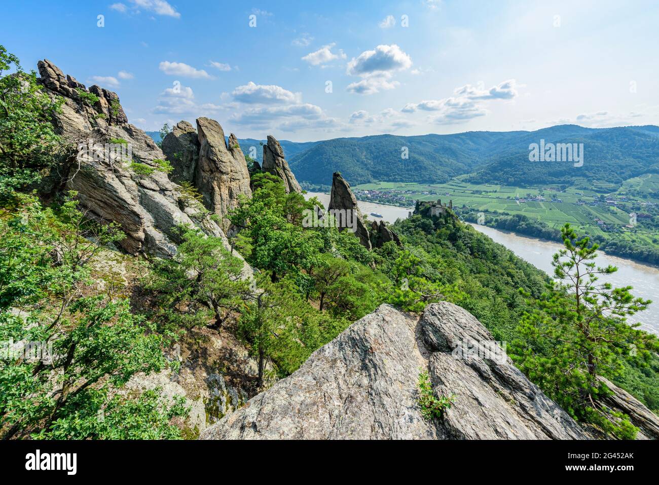 View of the ruin Dürnstein and the Danube valley, Wachau, Lower Austria, Austria Stock Photo