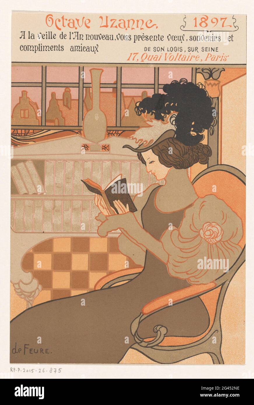 New Year's wish from Octave Uzanne for the year 1897. a reading woman in a chair in front of a bookcase with a vase on top. In the background a window overlooking the roofs of houses. Stock Photo