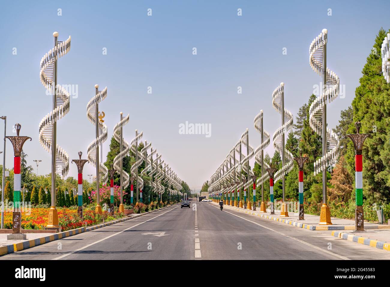 The decorated central road in the capital of Tajikistan - Dushanbe. Stock Photo