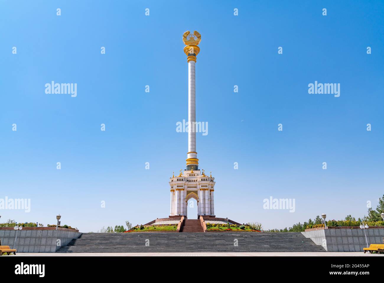 The Independence Monument inside Rudaki Park in the Tajikistan capital Dushanbe Stock Photo