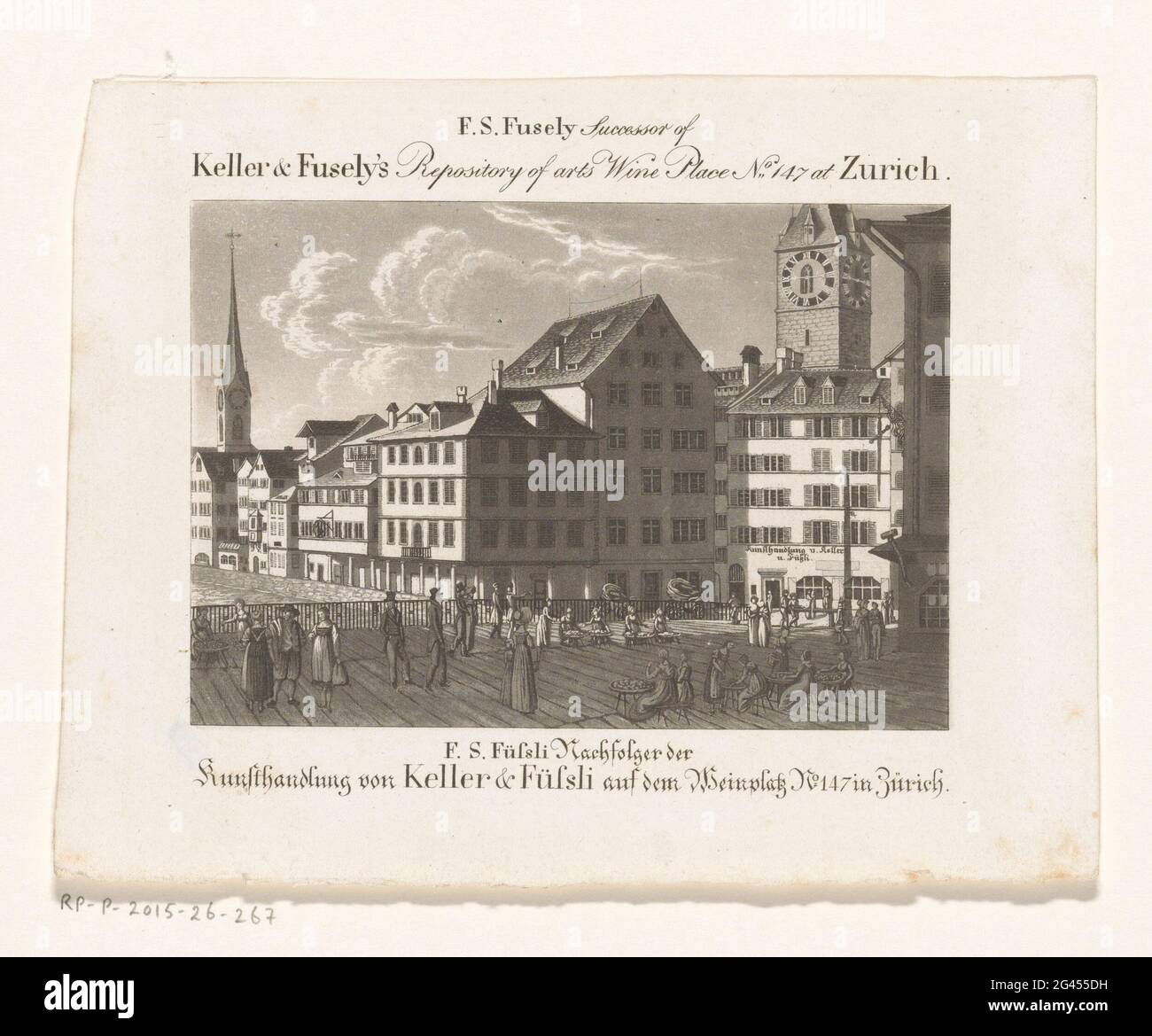 Business card from Kunsthandel Friedrich Salomon Füssli in Zurich. View of the Raadhuis Bridge and the Weinplatz with the exterior of art dealership Friedrich Salomon Füssli, successor to Keller & Füssli. On the left the tower of the fraumünster and to the right that of Saint Peter's. Stock Photo