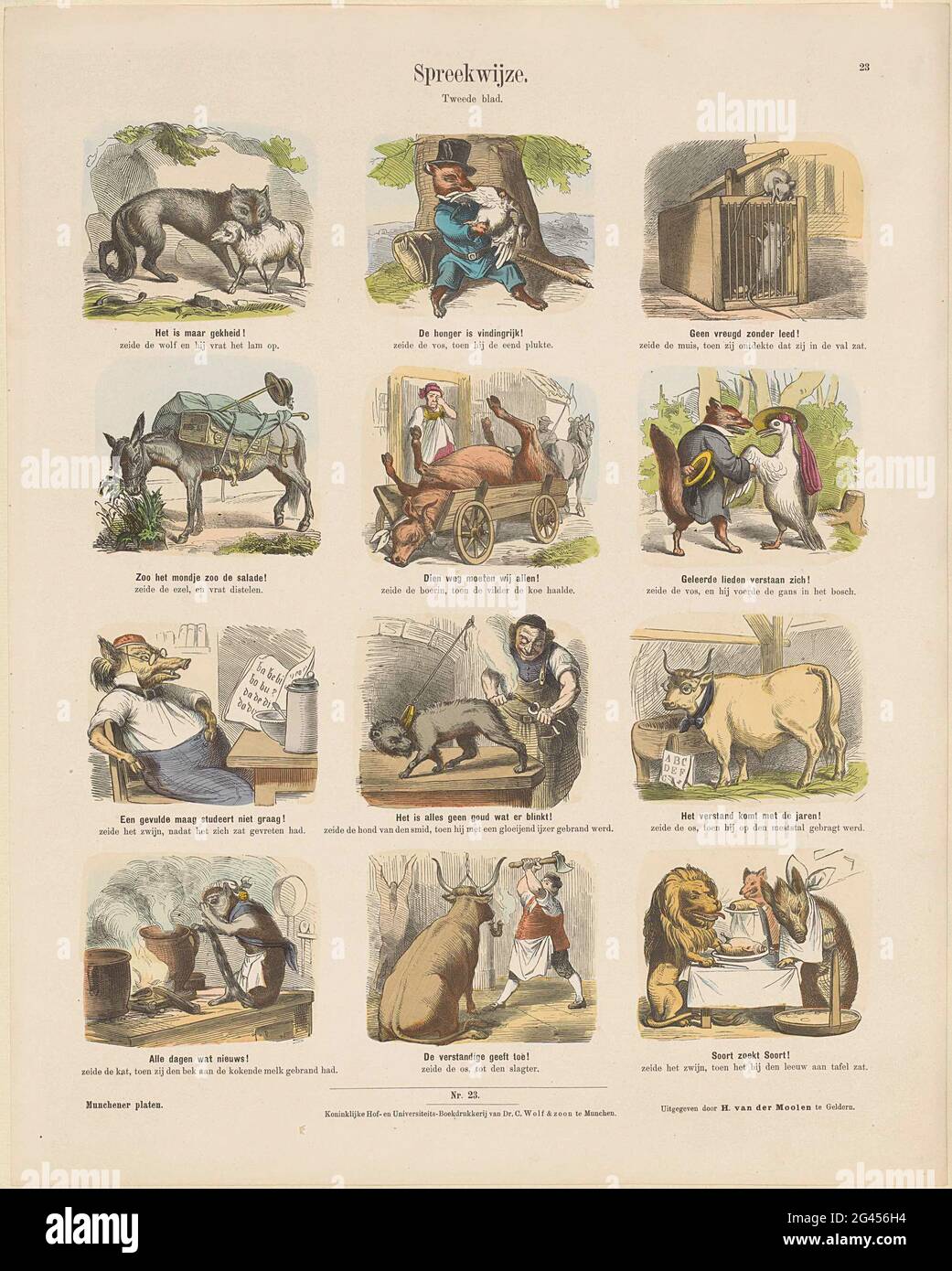 Operation; Munchener plates. Leaf with 12 representations of proverbs by  comic scenes with animals. Under every image a caption. Numbered in the  middle of: Nr. 23. Numbered at the top right: 23