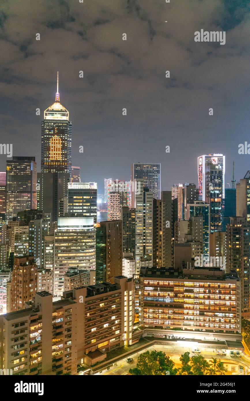 The amazing night and sunset view of cityscape and skyscrapers in Hong ...