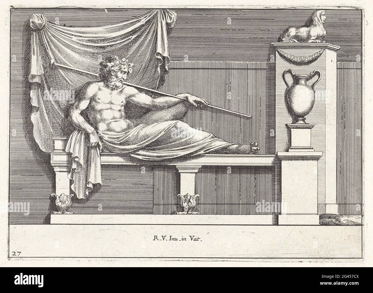 Lying man; Reliefs in the Loggia of Rafael. A man lying on a bed with a curtain behind him. On the right a vase and an image of a sphinx. Stock Photo