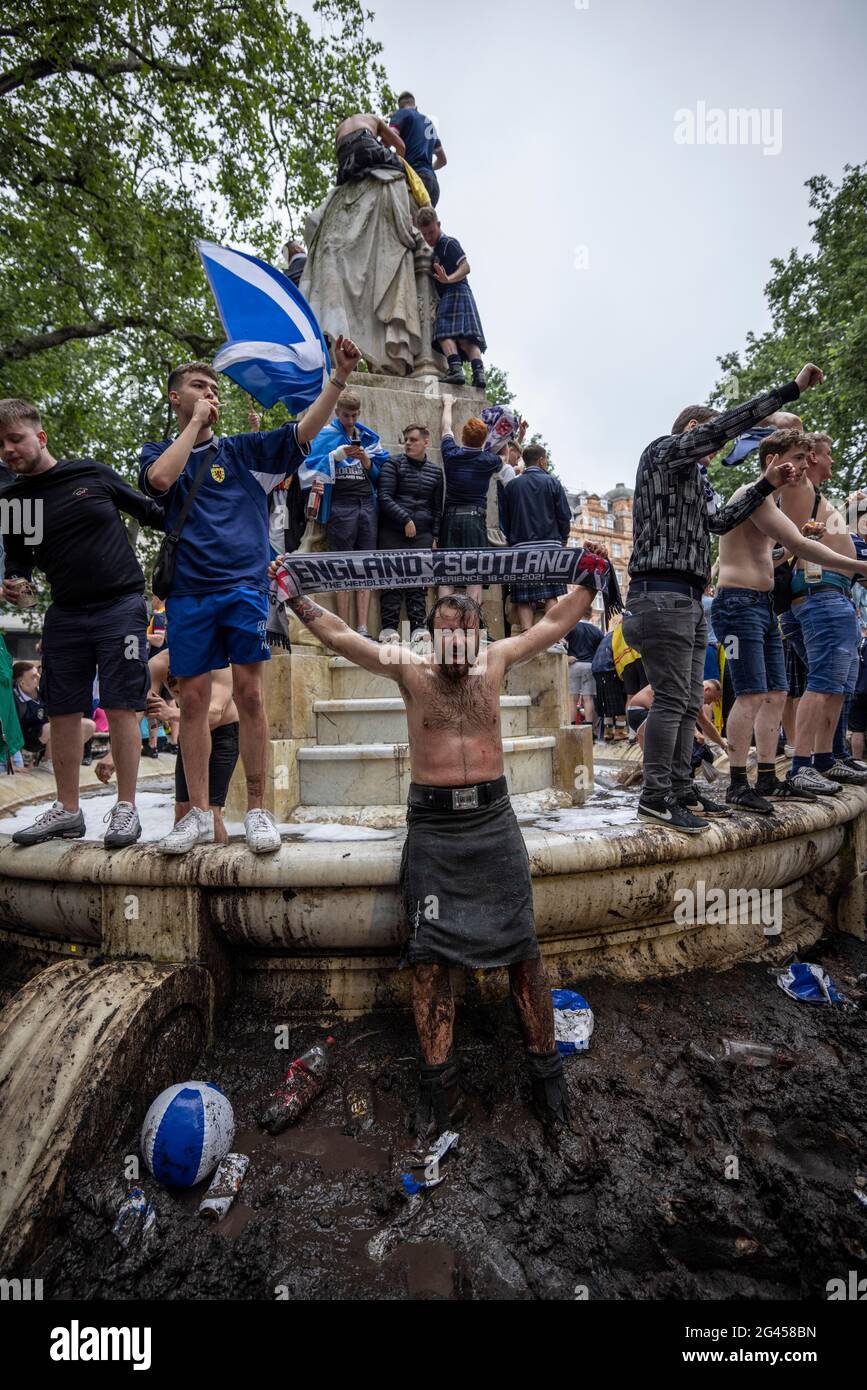 London, UK. 18th June, 2021. Scottish fans conregate in Leicester Square, Central London ahead of the EURO21 match against England. Credit: Jeff Gilbert/Alamy Live News Stock Photo