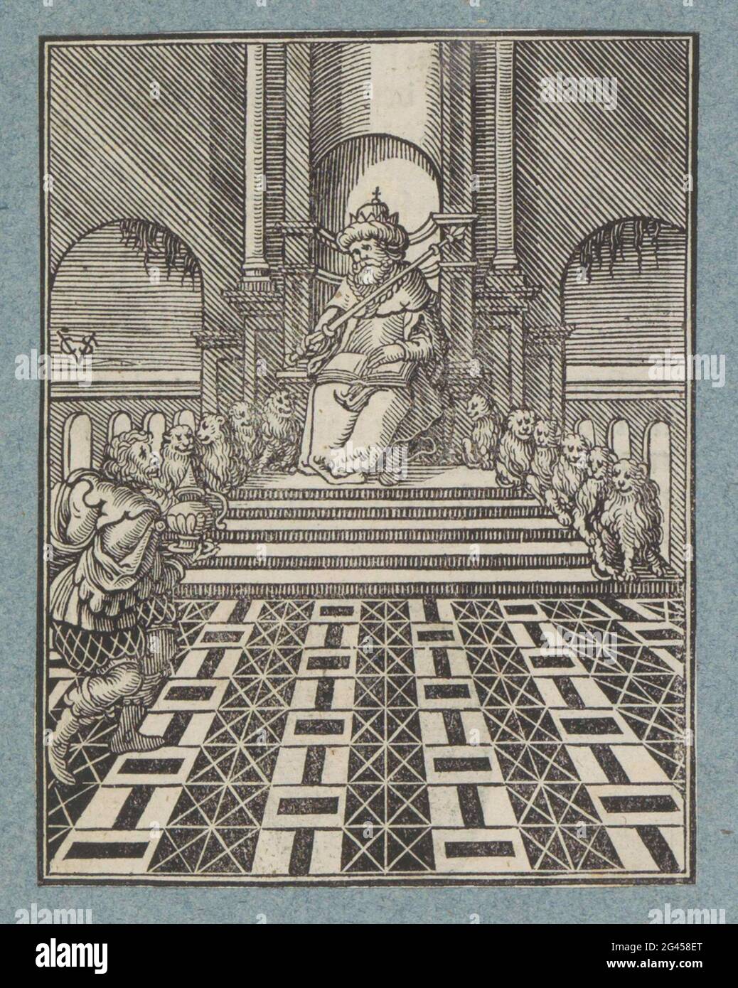 Solomon throne. King Solomon is sitting on his throne. He has a scepter in  his hand and on his shot is a book. According to 1 kings 10, the throne of  ivory