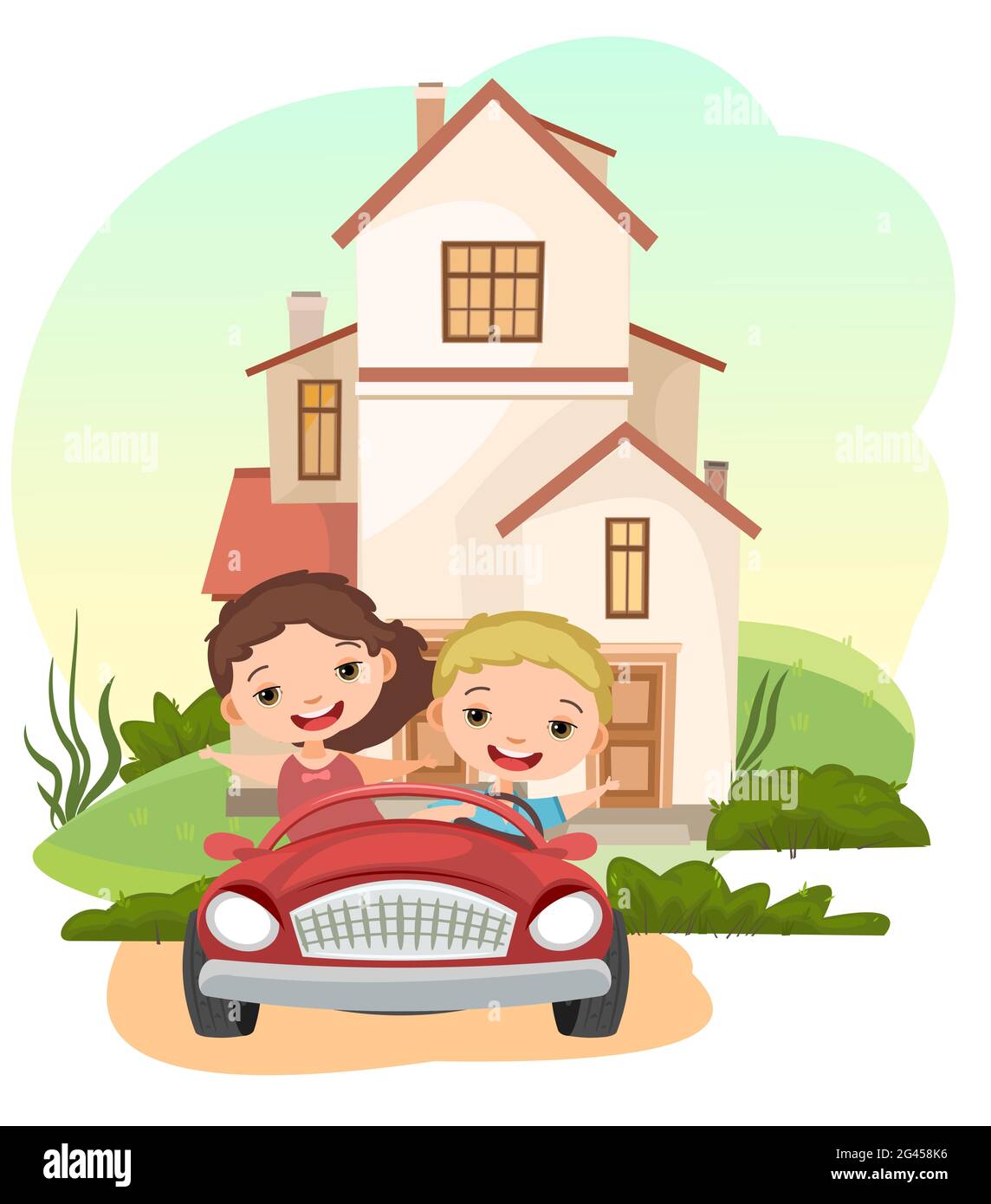 Kids goes on adventure in little car. Kid drives pedal or toy electric car.  Cartoon isolated illustration for children. Summer landscape. Road and  Stock Vector Image & Art - Alamy