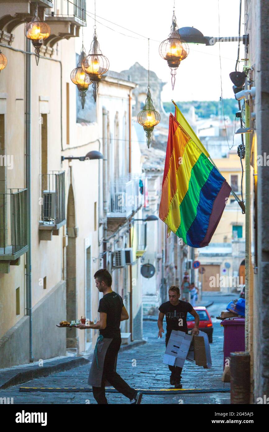 ITALY. SICILY. NOTO VILLAGE (UNESCO WORLD HERITAGE). GAY FLAG Stock Photo