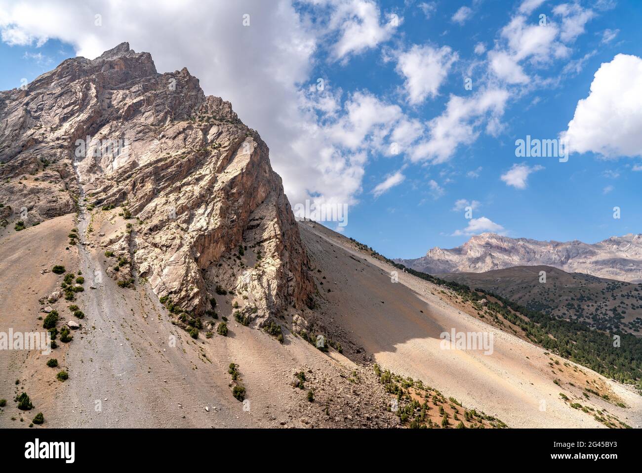 The beautiful mountain trekking road with clear blue sky and rocky hills in Fann mountains in Tajikistan Stock Photo