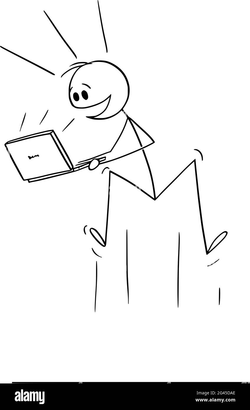 Happy Person with Computer Celebrating Success, Vector Cartoon Stick Figure Illustration Stock Vector