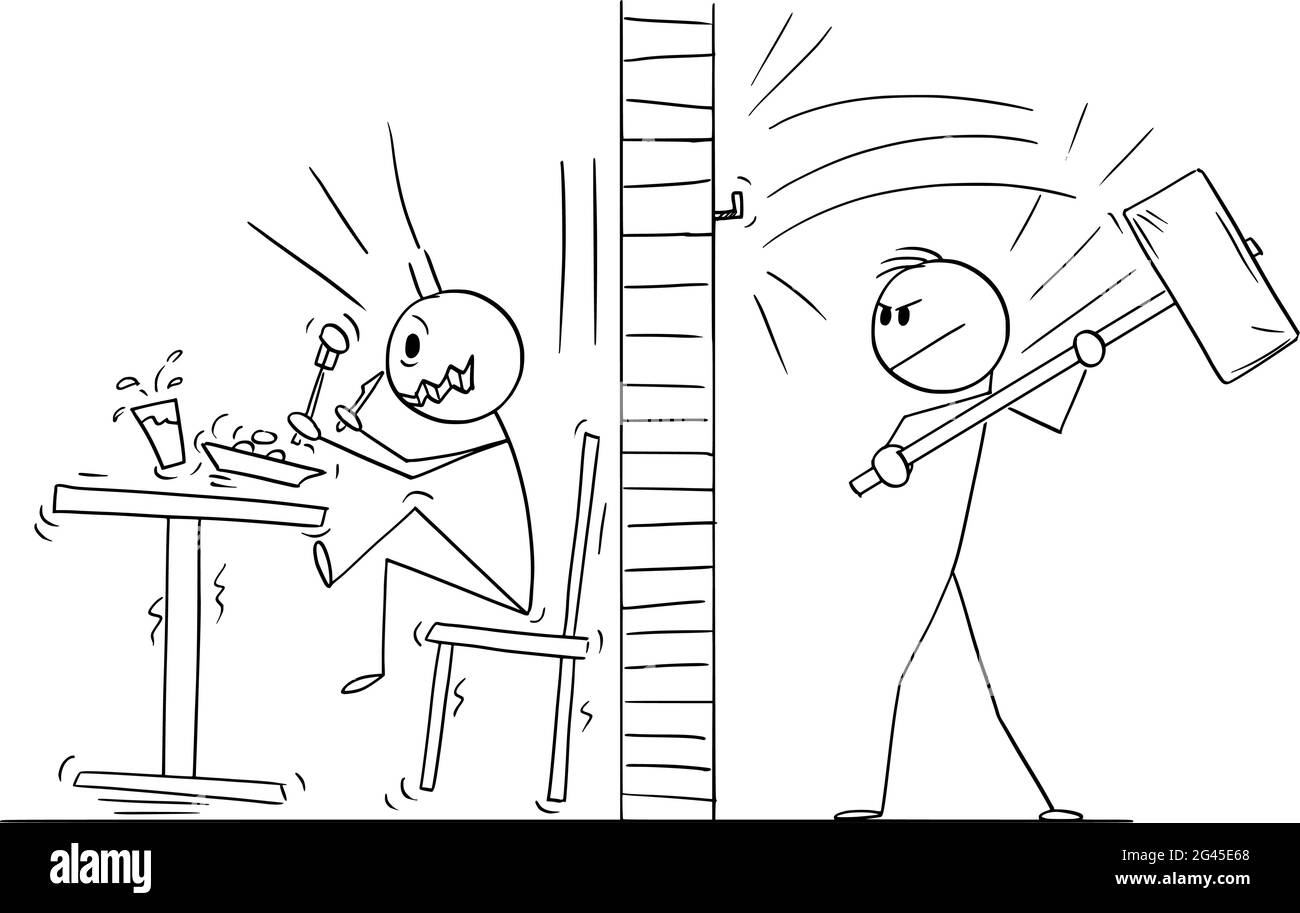 Neighbor Person Nailing Hook Nail by Big Hammer , Vector Cartoon Stick Figure Illustration Stock Vector