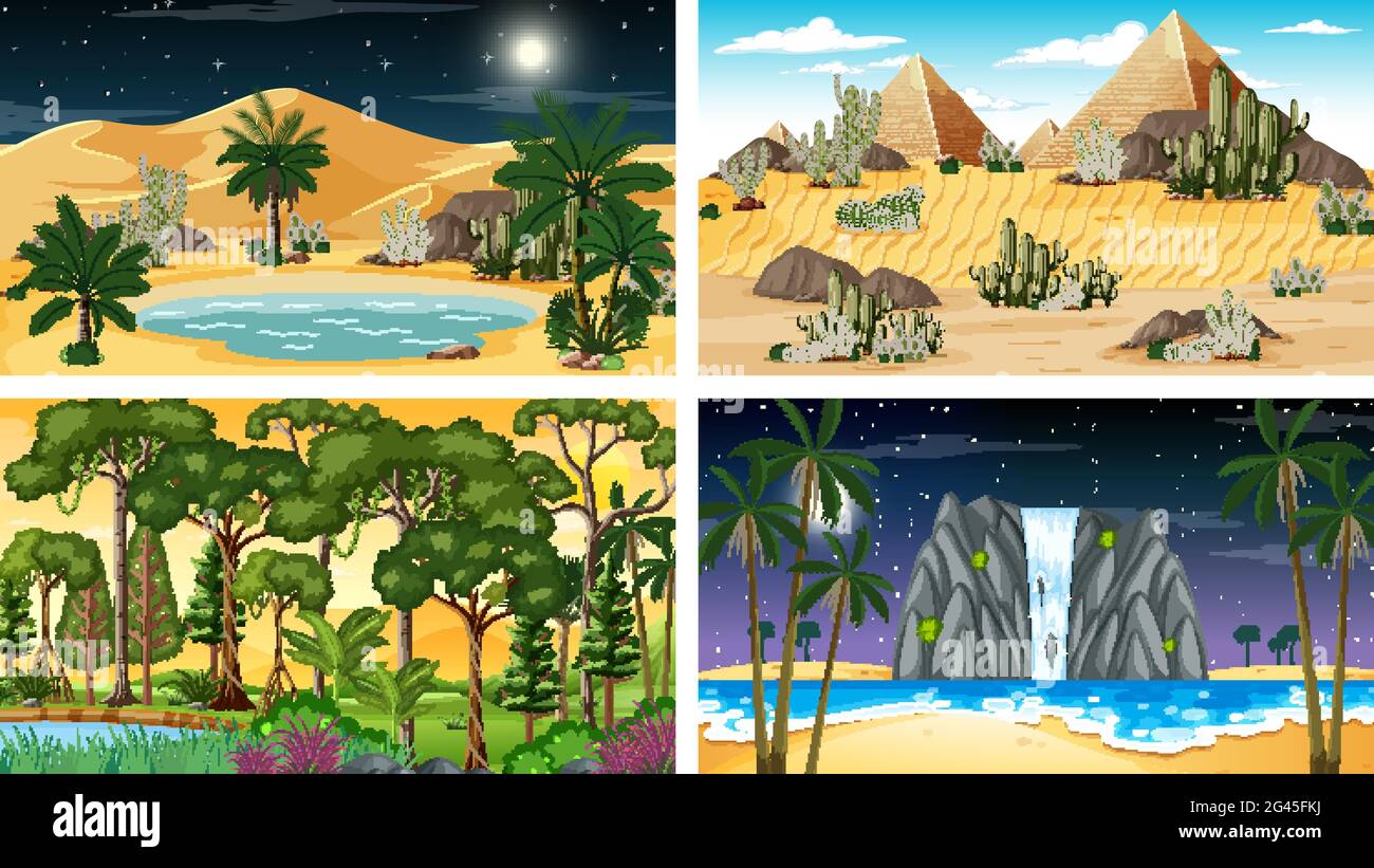 Four different nature horizontal scenes illustration Stock Vector