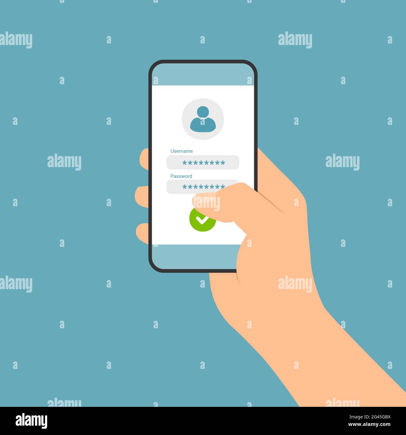 Flat design illustration of hand holding touch screen smartphone. Login form for entering username and password - vector Stock Vector