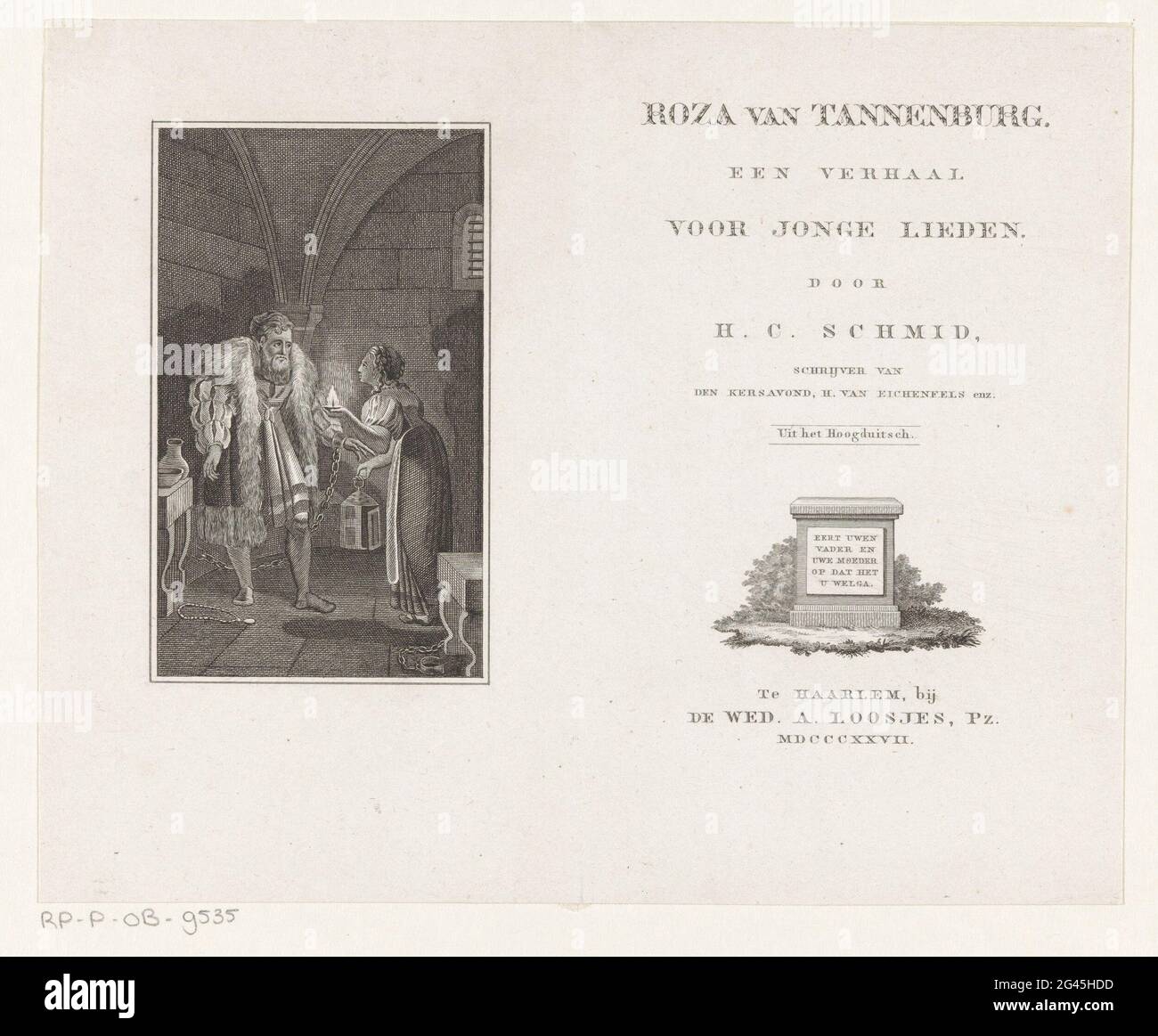 Knight and maid in prison; Title page for: H.C. Schmid, Roza from Tannenburg. A story for young people, 1827. In a prison, maid Roza stands with a lit candle in her hand opposite her father, Knight Edelbert. The man is chained. On the right an image of an altar. Stock Photo