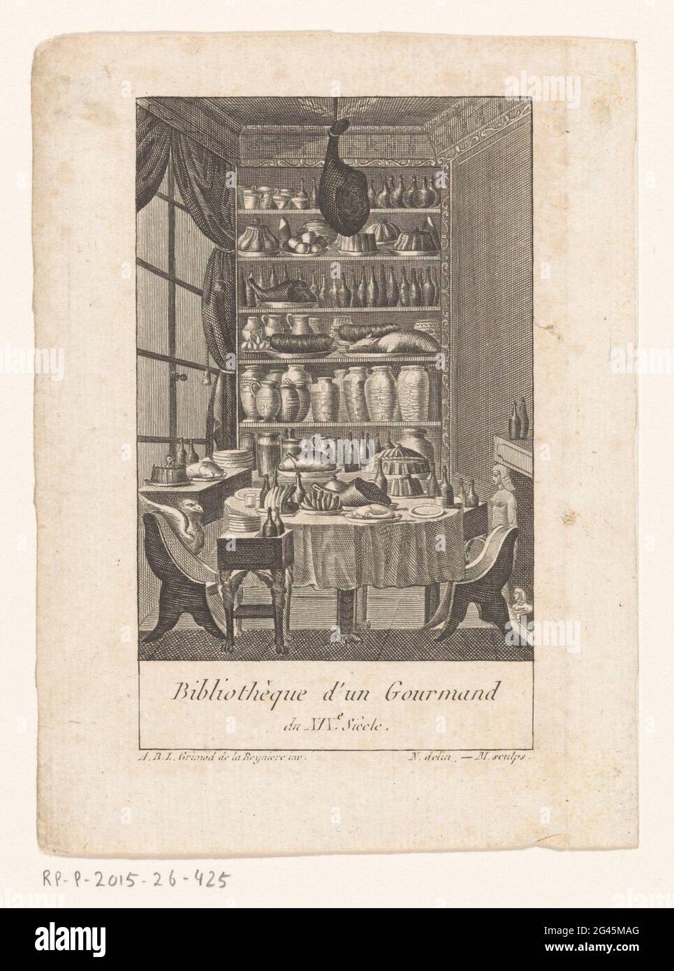 Library filled with food; Title page for: Grimod de la Reynière, Almanch des Gourmands, 1803; Bibliothèque d'un gourmand du XIXe Siècle. Interior with a richly covered table, food on the planks of the bookcase and a ham as a chandelier. Stock Photo