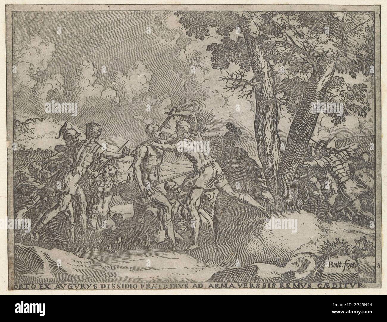 Romulus and Remus in battle; ORTO EX GUURS (...) Remus Caeditur; Life