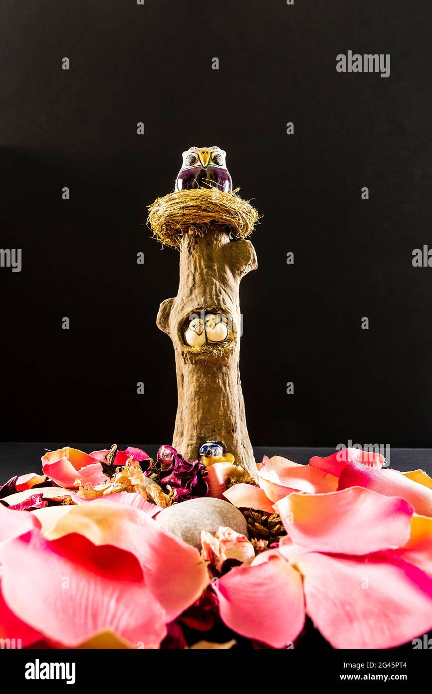 Photograph of a figure of a lucky owl surrounded by flower petals. Photo taken in vertical format on a black background. Stock Photo